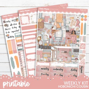May include: Printable planner stickers in pink and peach tones, featuring a cafe theme. The stickers include illustrations of coffee, books, and a woman. The set is designed for Hobonichi Cousin weekly planners.
