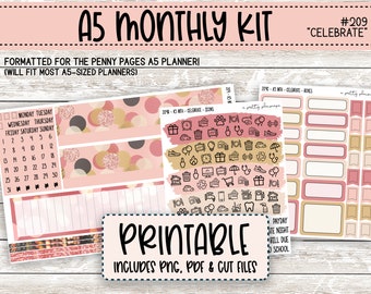 PRINTABLE "Celebrate" A5 Monthly Sticker Kit - A5 Planner - Winter - Holidays - New Years - Any Month