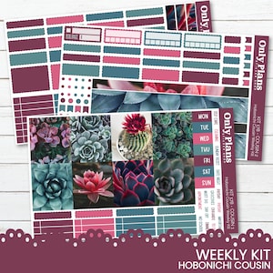 May include: A set of printable planner stickers featuring succulent plants in shades of green, pink, and red. The stickers are designed for use with the Hobonichi Cousin weekly planner. The text on the stickers reads "Only Plans" and "Weekly Kit Hobonichi Cousin".
