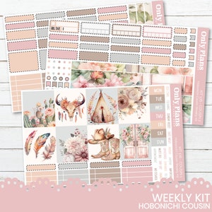 May include: A weekly planner sticker kit with a boho theme. The stickers feature floral designs, cacti, a skull, a teepee, cowboy boots, and a wooden door. The kit is designed for the Hobonichi Cousin planner.