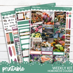 May include: A set of printable planner stickers with a floral theme. The stickers feature images of flowers, along with text such as "laundry", "grocery", and days of the week. The words "printable" and "weekly kit" are also visible.
