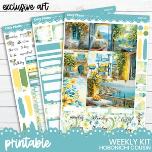 May include: Printable planner stickers featuring a lemon themed design with a blue and yellow colour scheme. The stickers include a variety of designs, including a lemon tree, a lemon-themed house, and a lemon-themed table. The stickers are designed for use with the Hobonichi Cousin planner.