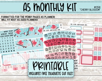 PRINTABLE "Cherry Blossom" A5 Monthly Sticker Kit - A5 Planner - Summer - Floral - Spring - Flowers - Pink - Blue - Aqua - Any Month