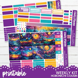 May include: Printable weekly planner stickers designed for the Hobonichi Cousin planner. The stickers feature a galaxy theme with colourful planets and stars on a dark blue background. The stickers are designed to be used with the Hobonichi Cousin planner, a popular Japanese planner.