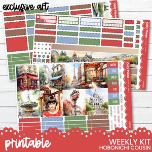 May include: Printable weekly planner stickers with a Parisian theme. The stickers feature watercolour illustrations of Parisian landmarks, cafes, and street scenes. The stickers are designed for use with the Hobonichi Cousin planner.