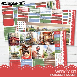 May include: A weekly planner sticker kit with a Parisian theme. The stickers feature watercolour illustrations of Parisian landmarks, including the Eiffel Tower, a carousel, and a cafe. The stickers are in shades of red, blue, green, and brown. The text "Only Plans" appears on the stickers.