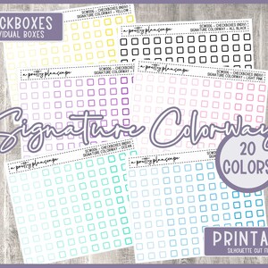 Puede incluir: Una colección de pegatinas imprimibles para planificador con casillas de verificación individuales en varios colores. Las pegatinas están etiquetadas como "Signature Colorway" e incluyen 20 colores. El diseño es para archivos de corte Silhouette.