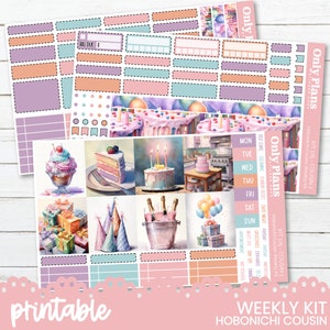 May include: Printable sticker kit for a Hobonichi Cousin planner with a birthday theme. The kit includes stickers with images of cake, presents, balloons, and party hats. The kit also includes a variety of functional stickers, such as boxes for writing notes, a bill due sticker, and a calendar.