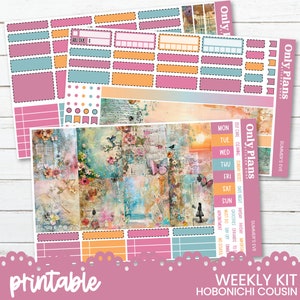 May include: Printable weekly planner sticker kit for the Hobonichi Cousin planner. The kit features a colourful floral design with butterflies, birds, and a sunset scene. The stickers include boxes, banners, and a variety of other shapes and sizes.