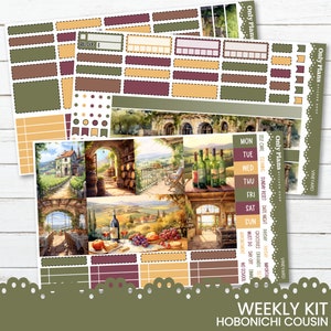 May include: A weekly planner sticker kit featuring a vineyard theme. The kit includes a variety of stickers with images of vineyards, wine bottles, and other related imagery. The stickers are designed for use with the Hobonichi Cousin planner.