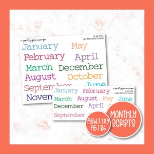 May include: A set of colourful monthly script stickers for planners and journals. The stickers are in various colours, including pink, purple, blue, green, and orange. The stickers are labelled with the months of the year, such as January, February, March, April, May, June, July, August, September, October, November, and December. The stickers are available in two sizes: A5W/7x9 and A5/B6.