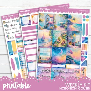 May include: Printable sticker sheet with a pastel colour scheme. The sheet features a variety of images, including a house, a beach scene, a window, and a moon. The sheet also includes some text, such as "Monday", "Tuesday", "Wednesday", "Thursday", "Friday", "Saturday", and "Sunday".