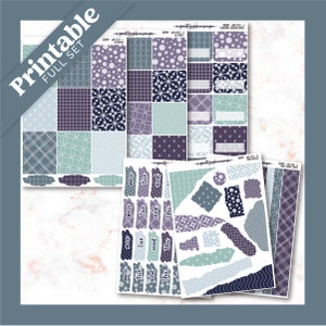 May include: A full set of printable planner stickers in shades of blue, purple, and teal. The stickers feature various patterns, including polka dots, geometric shapes, and floral designs. The word "Printable" is in the upper left corner.