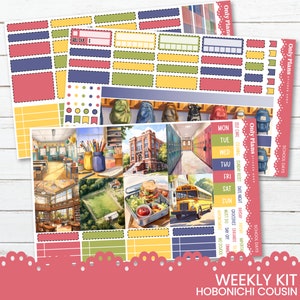 May include: A weekly planner sticker kit with a school theme. The stickers feature a variety of images, including a school bus, lockers, backpacks, and a classroom. The stickers are in a variety of colours, including red, yellow, blue, and green. The stickers are designed to be used with a Hobonichi Cousin planner.