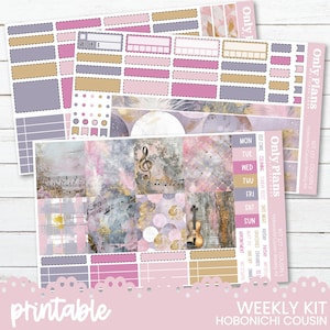 May include: Printable weekly planner stickers for the Hobonichi Cousin planner. The stickers feature a pink, purple, and gold colour scheme with musical notes, a violin, and a moon. The text "Only Plans" is featured on the stickers.