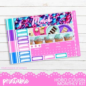 May include: Printable monthly planner kit in pink, blue and purple. The kit includes a calendar grid for March, a selection of decorative boxes and a background image of colourful sprinkles and cupcakes.