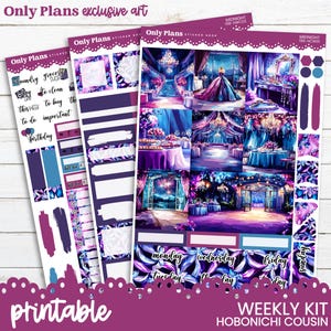 May include: Printable planner stickers featuring a purple and blue colour scheme with a fairytale theme. The stickers include a variety of designs, including a castle, a dress, and a chandelier. The stickers are labelled "Only Plans" and "Midnight 198-HWCD2".
