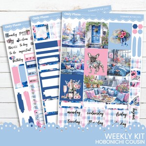 May include: A weekly planner sticker kit with a summer in the city theme. The stickers feature a blue and pink colour scheme with illustrations of a fountain, a blue door, a French bulldog, a cityscape, and flowers. The stickers also include a variety of functional elements such as boxes for writing, days of the week, and a to-do list.
