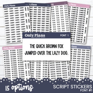 Könnte beinhalten: Eine Blatt mit schwarzen und weißen Schriftart-Stickern mit 15 verschiedenen Optionen. Die Sticker beinhalten Wörter wie "Laundry", "Dinner", "To Do", "Planner Time", "No School", "Top Three", "Gratitude" und "Payday". Das Blatt ist mit "Script Stickers Font #1" und "Only Plans Sticker Shop" beschriftet.