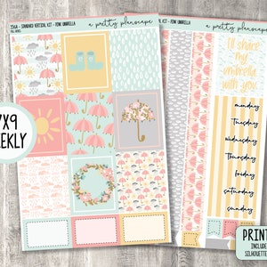 May include: A planner kit with a pink umbrella theme. The kit includes weekly layouts, decorative elements, and the text "I'll share my umbrella with you." The design features umbrellas, suns, rain clouds, and floral accents. The kit is labeled "7x9 Weekly" and "Printable."
