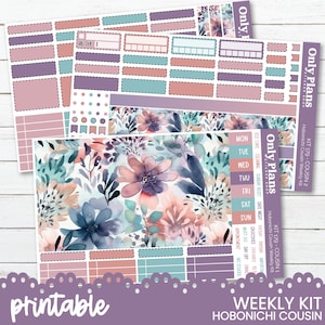 May include: Printable weekly planner stickers for the Hobonichi Cousin planner. The stickers feature a floral design with watercolour-like flowers in shades of pink, purple, and blue. The stickers include boxes for appointments, errands, and other tasks. The text "Only Plans" and "Hobonichi Cousin" are also included on the stickers.