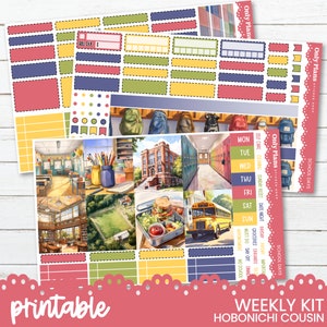 May include: Printable weekly planner stickers with a school theme. The stickers feature illustrations of a school corridor, a school bus, a lunchbox, and a classroom. The stickers are in shades of yellow, red, blue, and green.