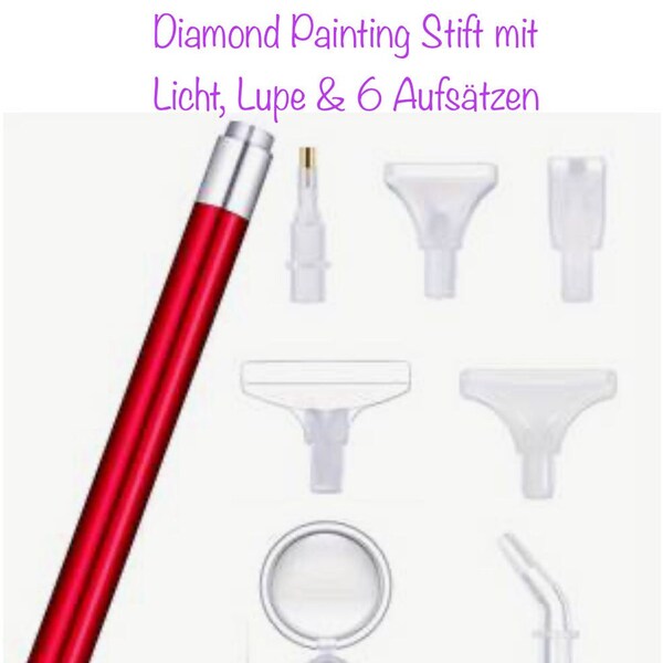 Diamond Painting Stift mit Licht Lupe & 6 Aufsätzen Zubehör Steinchen kleben Diamant Malerei einfach leichter kreatives Hobby Leuchte Hilfe