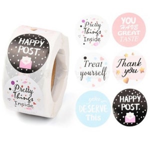 große Aufkleber rund "Happy Post "Thank you "Treat yourself" für Kunden Versand Quittungen Rechnungen Etikett Geschäft Kleingewerbe Sticker