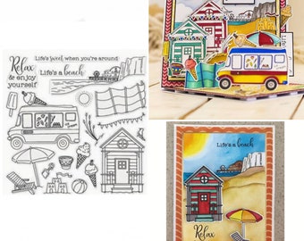 Silikonstempel Urlaub Eis Ferien Strand Meer Wagen Sonne Hütte relax MARITIM Clear Stamps DIY Scrapbooking Stempelvorlage Karten gestalten