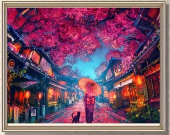 Large Diamond Painting DIY Set Picture Geisha China Far East 50x40 5D Stones Glue Cherry Blossom Painting Mosaic for Advanced Decoration