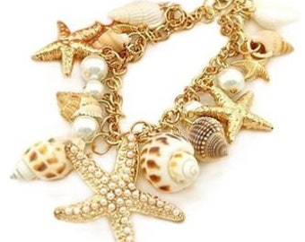 Bracelet summer sea shell starfish gold white statement holiday beach charm foot pearl bracelet statement cowrie