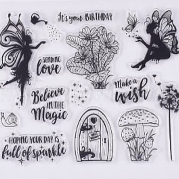 Silikonstempel Clear Stamp Geburtstag Sprüche Fee Elfe Blume Sterne Love Magic Stempelvorlage Elfe Pilz Schecke Flügel Scrapbooking DIY