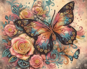 Diamond Painting DIY-Set Bild Schmetterling Rosa blau gelb vintage Steinchen kleben Diamant Malerei komplett Mosaik nach Zahlen  kreativ