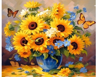 Diamond Painting DIY Set 30x40 Picture Sunflower Yellow Blue Flowers Butterflies Stones Glue Painting Complete Mosaic Creative Hobby 5D