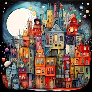 Diamond Painting DIY-Set Bild HÄUSER BUNT Steine kleben Diamant Malerei komplett Mosaik Hundertwasser Nacht Stadt Dorf kreatives Hobby 20x20