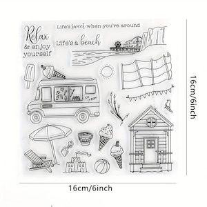 Silikonstempel Urlaub Eis Ferien Strand Meer Wagen Sonne Hütte relax MARITIM Clear Stamps DIY Scrapbooking Stempelvorlage Karten gestalten