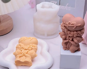 Silicone mold candle mold heart bear flowers bouquet Keraflott candle soap mold soap Raysin concrete casting mold silicone table decoration decorative resin mold