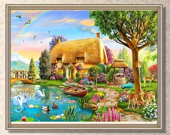 Large Diamond Painting DIY Set Picture House on the Lake Water Boat 50x40 5D Stones Glue Relaxation Painting Mosaic for Advanced Decoration