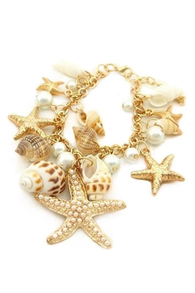 Armband Sommer Meer Muschel Seestern gold weiß Statement Urlaub Strand Charm Fuß Perlen Armkette Statement Kauri Bild 2