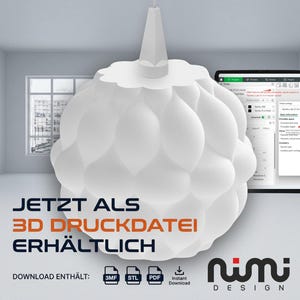 May include: A white, spherical, textured 3D printed lampshade with a repeating petal-like pattern. The text reads JETZT ALS 3D DRUCKDATEI ERHÄLTLICH, DOWNLOAD ENTHÄLT: 3MF, STL, PDF, Instant Download, and the logo for nimi DESIGN.