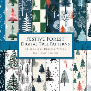 Festive Forest Digital Paper Pack – Seamless Winter Backgrounds, Scrapbooking, Cards, Crafts, Sublimation Holiday Projects, Digital Tree