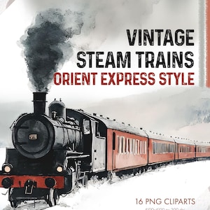 May include: Vintage steam train in Orient Express style with red passenger carriages and a plume of black smoke. 16 PNG clipart images, 4100x4100 pixels, 300 dpi.