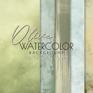 May include: Set of five digital watercolor backgrounds in shades of green, beige, and blue. The backgrounds have a textured, painted look. The text "Olive Watercolor Background High Quality PNG 300 DPI" is at the bottom of the image.