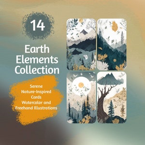 Elementos da terra, cartões inspirados na natureza serena, ilustrações em aquarela, cores suaves, tons terrosos, arte de parede, impressão digital, alta resolução