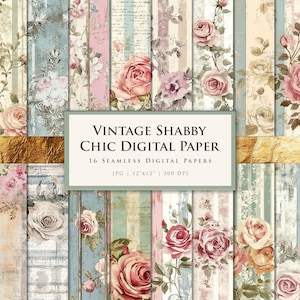 Confezione di carta digitale vintage Shabby Chic Rose, effimere francesi, pizzo, motivi damascati, pastelli sbiaditi, texture stampabili senza soluzione di continuità, per l'artigianato