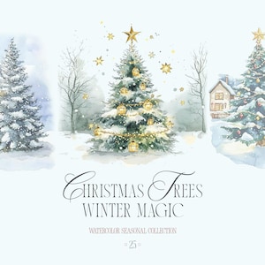 Alberi di Natale Magia invernale - Alberi di Natale decorati ad acquerello - Clipart Art - Clipart di Natale - Inverno festivo - Perfetto per l'artigianato