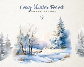 Winter Forest Watercolor Clipart: Cozy Snow Scenes (PNG Files)