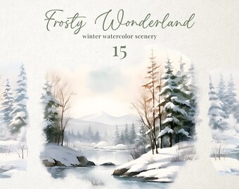 Winter Watercolor Landscape Clipart: Frosty Wonderland Scenes (PNG Digital Download)
