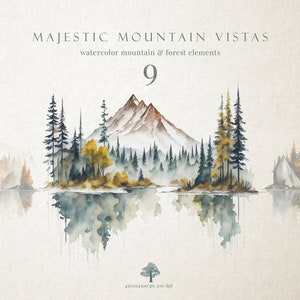Majestic Mountain Vistas: Clipart de montanhas - Clipart aquarela - Clipart de floresta - Paisagens de montanha - Montanhas - Floresta em aquarela