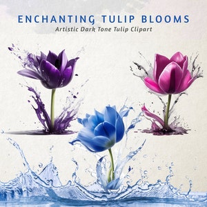 Enchanting Tulip Blooms, Watercolor Tulip Clipart Set, Water Splash Art, Spring Tulips, Floral Clipart, Wedding Clipart, Tulip PNG